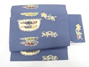 縮緬地　型染　魚に花模様　作り帯